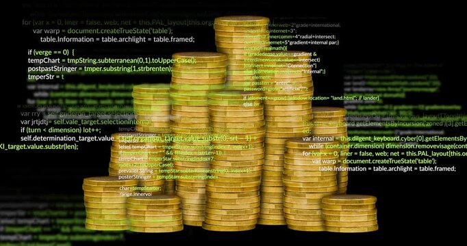 3D gold coin pyramid receiving code overlay triggered by scrolling digital text showing security