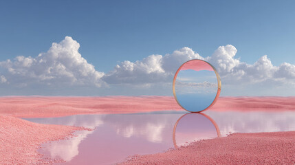 Surreal fantasy landscape of pink desert and reflective lake under bright blue sky