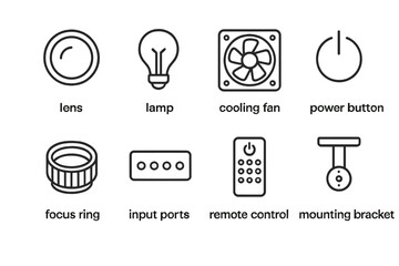 Line Icon Sets. Outline icon set of projector parts: lens, lamp, cooling fan, power button, focus ring, input ports, remote control, mounting bracket. Line