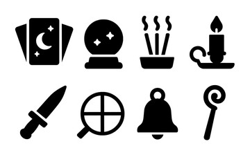Fototapeta premium Spirit World Icons. Solid, filled icon set of spirit world tools: divination cards, crystal ball, incense sticks, candle holder, ritual knife, drum, bell,