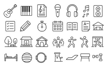 Fototapeta premium Outline Practice Icons. Outline icon set of music practice: guitar, piano keys, metronome, sheet music, microphone, headphones, music notes, speaker. Line