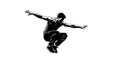 Silhouette of a man performing a parkour jump with arms outstretched on a white background action
