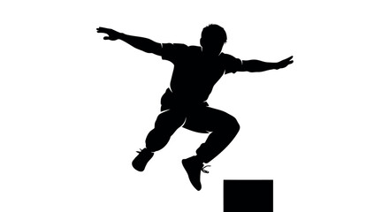 Silhouette of a man performing a parkour jump over a block freerunning action