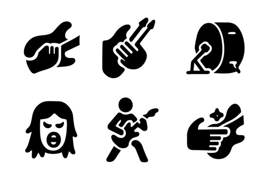 Metal Music Icons. Solid, filled icon set of metal music techniques: palm muting, tremolo picking, blast beat, growling, shredding, power chords, harmonics,