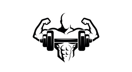 Silhouette of a muscular bodybuilder flexing with a barbell on a white background muscles