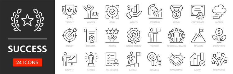 Success line icon set. Editable Stroke. Winner, trophy, goal, medal, target, strategy, mission - stock vector.