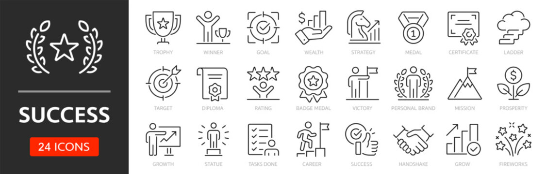 Success line icon set. Editable Stroke. Winner, trophy, goal, medal, target, strategy, mission - stock vector.