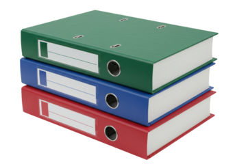 Stack of three colorful ring binders isolated, green blue and red office folders for paperwork and document organization