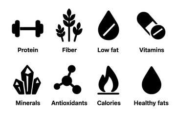 Bean Dip Nutrition Icons. Solid, filled icon set of bean dip nutritional aspects: protein, fiber, low fat, vitamins, minerals, antioxidants, calories, healthy