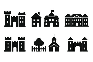Fototapeta premium Noble Residences Icons. Solid, filled icon set of noble residences: castle, manor house, palace, estate, fortress, garden, chapel, gatehouse. Solid, filled