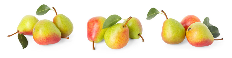 Fresh sweet pears isolated on white, set