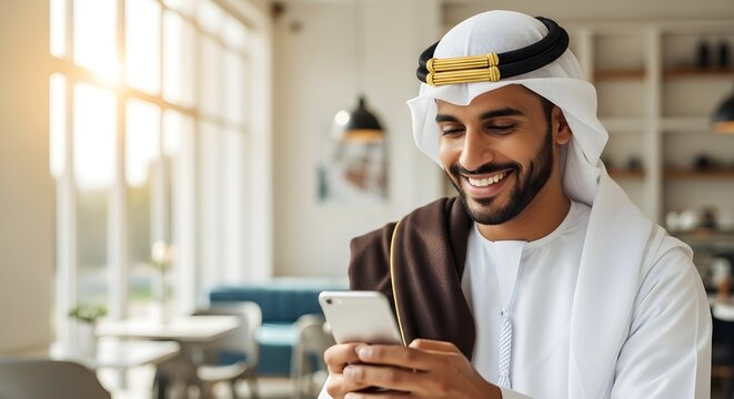 Happy Emirate Man Uses Smartphone in Coffee Shop Smiling in Traditional Dress