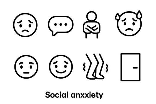 Social Anxiety Icons. Solid, filled icon set of social anxiety: shy face, speech bubble with dots, crossed arms, sweating forehead, avoidant eyes, nervous