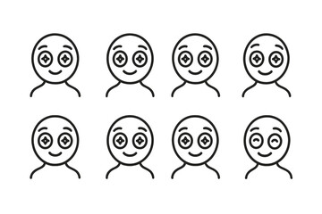 Icons of Admiration. Outline icon set of admiring gaze: wide eyes, shining pupils, gentle smile, uplifted brows, open expression, hopeful look, warm gaze,