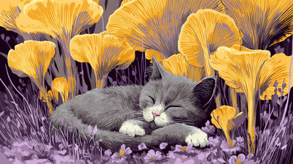 Cute gray cat with white paws sleeping peacefully among yellow mushrooms in purple grass