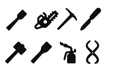Ice Carving Tool Icons. Solid, filled icon set of ice carving tools: ice chisel, chainsaw, ice pick, carving knife, mallet, scraper, blowtorch, ice tongs.