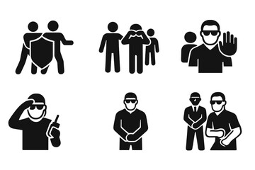 Bodyguard Actions Icons. Solid, filled icon set of bodyguard actions: shielding, escorting, scanning crowd, hand signaling, checking surroundings,