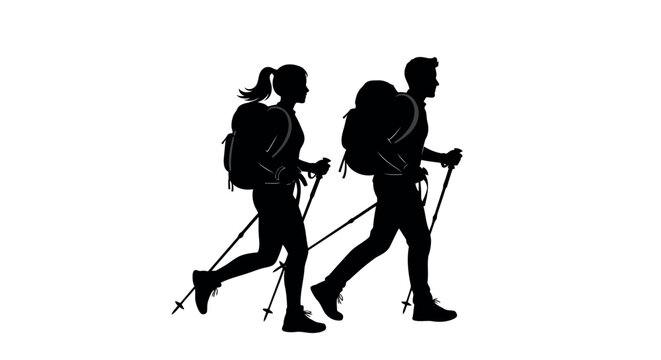 Silhouette of Two Hikers with Backpacks and Poles on White Background hiking trekking