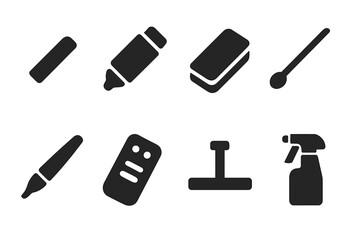 Obraz premium Menu Tools Icons. Solid, filled icon set of menu board tools: chalk, marker, eraser, pointer, stylus, remote control, mounting bracket, cleaning spray. Solid,