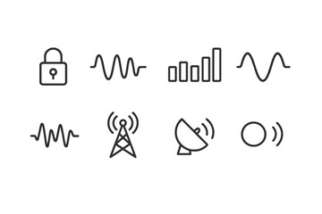 Fototapeta premium Military Radio Icons. Outline icon set of military radio signals: encrypted signal, frequency modulation, signal strength bars, waveforms, interference,