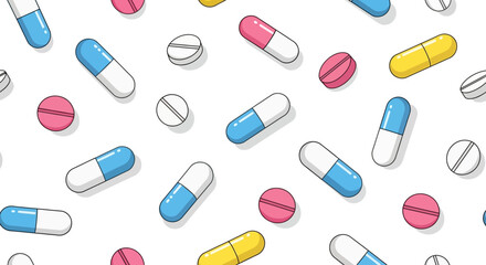 A Close-Up Pattern of Various Colorful Pills and Capsules Arranged Randomly Across a White Background