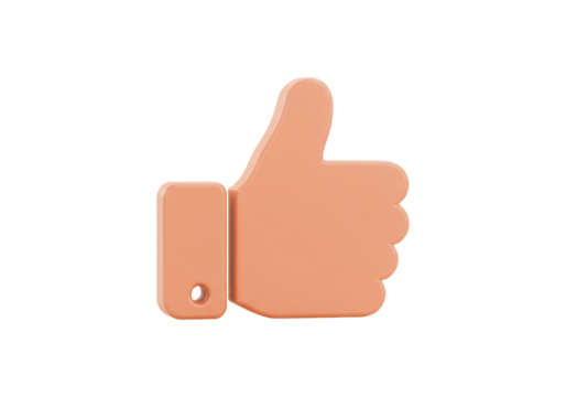 Peach thumbs up 3D rendering isolated on transparent background, like button for social media and positive feedback