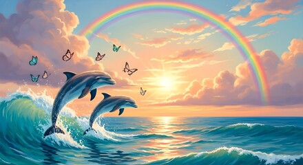 Oceanic Symphony Dolphins, Rainbows, and Butterflies in Harmonious Bliss © ArtSync Studio