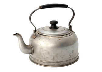 Vintage brushed metal stovetop kettle with black handle and knob retro