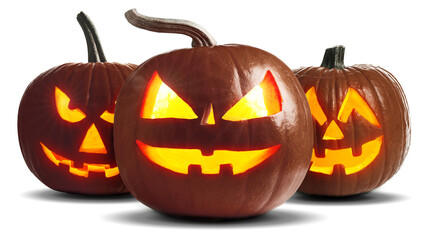 Halloween jack-o-lanterns isolated on white. Pumpkins with carved spooky faces