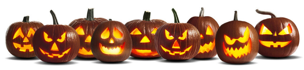 Halloween jack-o-lanterns isolated on white. Pumpkins with carved spooky faces