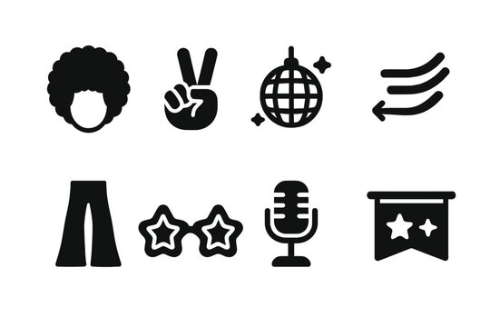 Funk Icon Set. Solid, filled icon set of funk cultural elements: afro hairstyle, peace sign, disco ball, neon lights, bell bottoms, funky glasses, retro