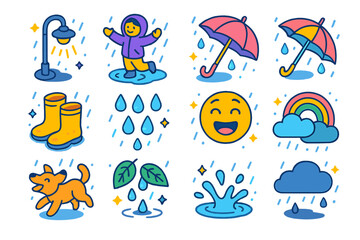 Colorful Evening Rain Icons. Evening rain. Colorful isometric vector icons set of evening rain: dim streetlight, person dancing, puddle reflection, umbrella,