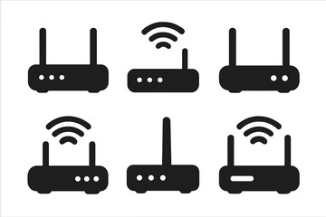 Obraz premium Router Logo Grid. Setting up Wi-Fi. Set Logo of Router: Router. Filled silhouette, Stylized detail, Negative space, Minimal outline, Iconic shape, Flat solid.