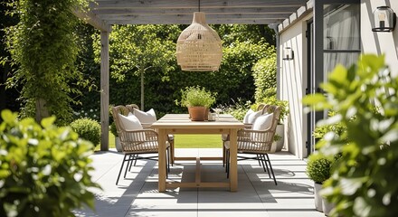 Serene Outdoor Dining Elegant Backyard Patio with Pergola and Garden