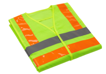 Folded neon yellow safety vest with reflective stripes isolated, high visibility workwear for construction and traffic control