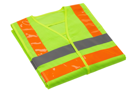 Folded neon yellow safety vest with reflective stripes isolated, high visibility workwear for construction and traffic control