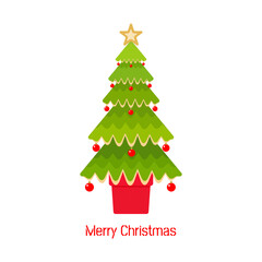 Cute Cartoon Christmas Tree with Red Ornaments and Pot