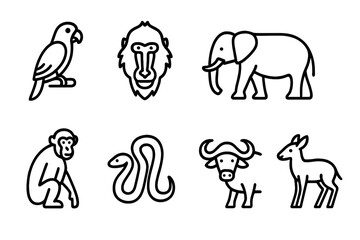 Cameroonian Wildlife Icons. Outline icon set of Cameroonian wildlife: African grey parrot, Mandrill, Forest elephant, Hippopotamus, Chimpanzee, Python, African