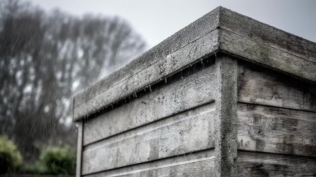 Close medium shot on durable resin shed corner texture details visible against a blurred backdrop of rain demonstrating robustness and weather resistance.