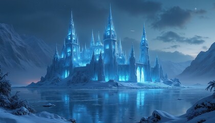 Naklejka premium Icy castle glows at night on frozen winter lake. Mountains surround majestic fantasy architecture under cloudy sky. Fairytale winter background. Cold weather season concept. Great for Christmas