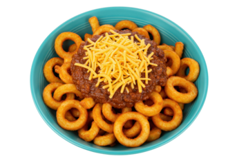 Chili cheese curly fries in a blue bowl isolated on white, comfort food indulgence for fast food cravings
