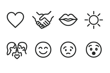 First Kiss Icons. Outline icon set of first kiss feelings: love, trust, passion, warmth, connection, joy, nervousness, excitement. Line icons in only black