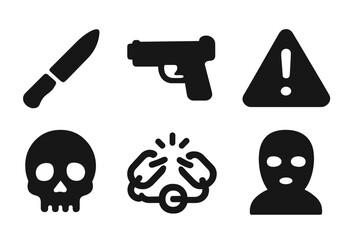 Blackmail Threat Icons. Solid, filled icon set of blackmail threats: knife, gun, exclamation mark, warning sign, skull, broken chain, locked handcuffs, masked
