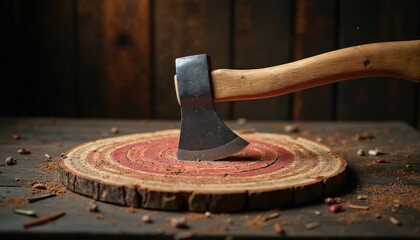 Axe with sturdy wood handle deeply embedded in rustic wooden target. Sharp metal blade successfully struck bullseye ring. Visual conveys precision, power, sport, competition, focus, skill in axe