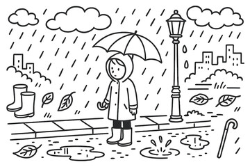 Rainy Day Doodle. Hand-drawn doodle illustration Quiet moment in the rain person with umbrella, raindrops, puddles, rain boots, wet leaves, raincoat, street