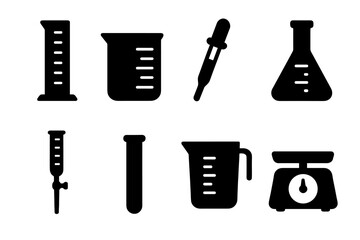 Obraz premium Scientific Measuring Tools Icons. Solid, filled icon set of scientific measuring tools: graduated cylinder, beaker, pipette, volumetric flask, burette, test