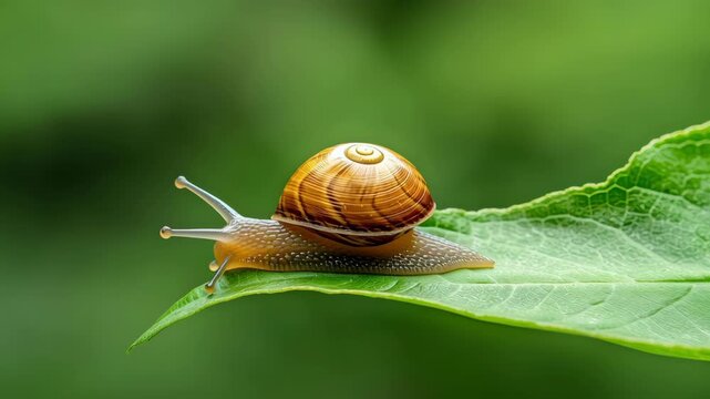 Snail shell leaf green macro nature wildlife slow garden closeup calm scene of snail with banded shell on fresh green leaf dew calm mood