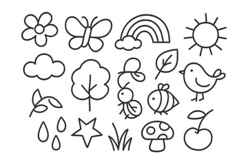 Fototapeta premium Nature Doodles Collection. Hand-drawn doodle illustration colorful nature flower, butterfly, rainbow, sun, leaf, bird, cloud, tree, bee, ladybug, mushroom,