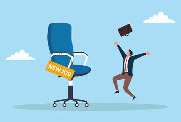 Vector illustration of a businessman celebrating his new job, representing career success, happiness, achievement, fresh opportunities, and professional growth
