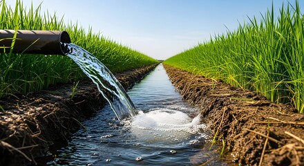 Irrigation System Flowing Water in a Rural Setting for Agriculture and Cultivation
